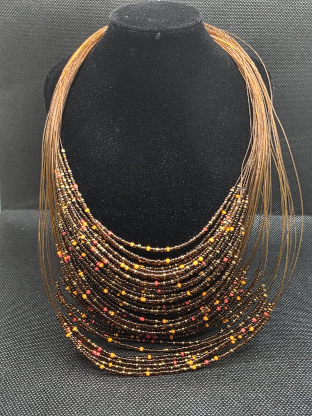 Charming Charlie Multi Strand Beaded Bib Necklace Brown Gold Orange Red 14"